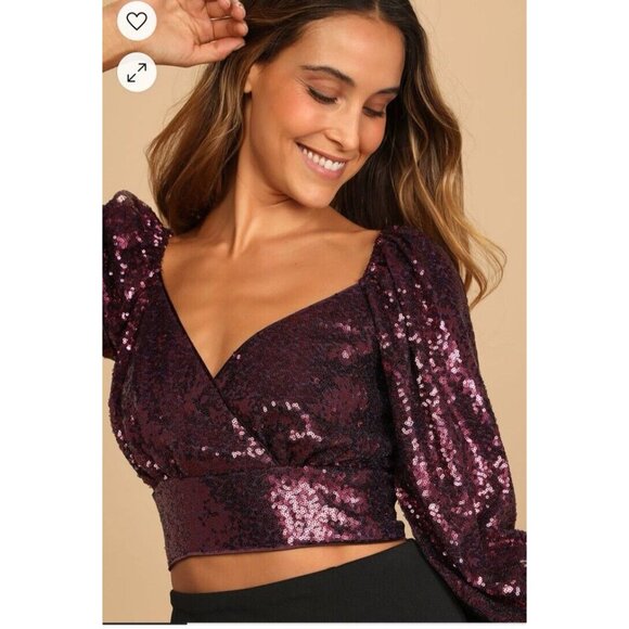 Lulus Purple Wine Sequined Long Puff Sleeve Cropped Top M Medium NEW - Picture 4 of 16